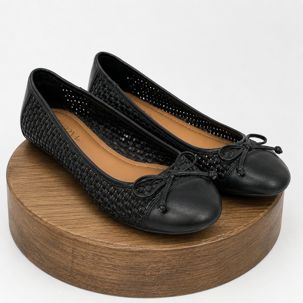 Merona Womens Black Woven Ballet Flats Round Cap Toe Bow Accent Slip On Size 8